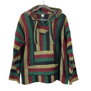 Vintage Vel Mex Baja Striped Hooded Pullover Sweater Shirt Jacket Mens Sz Large